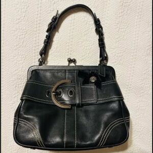 Coach SoHo Black Leather Bag with Buckle, Rhinestone Ribbon Accent, Kisslock